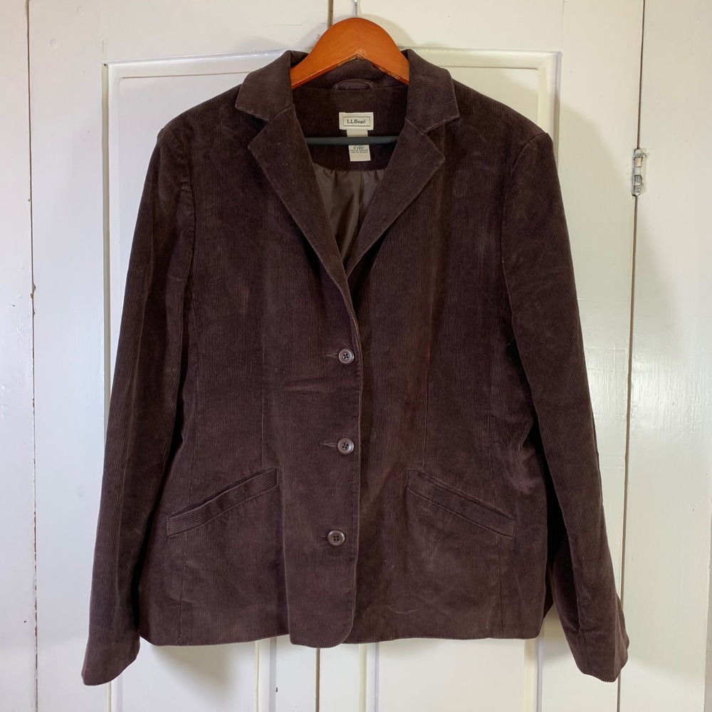 L.L.Bean Corduroy Blazer Jacket Women Petite 12 Brown Cotton Blend Dark Academia